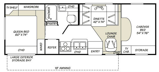 2003 Fleetwood Tioga 26Q floorplan layout showing the queen bed, dinette, cabover bed, and galley